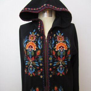 Black Hoodie Full Zip Embroidery Boho Kangaroo Pocket